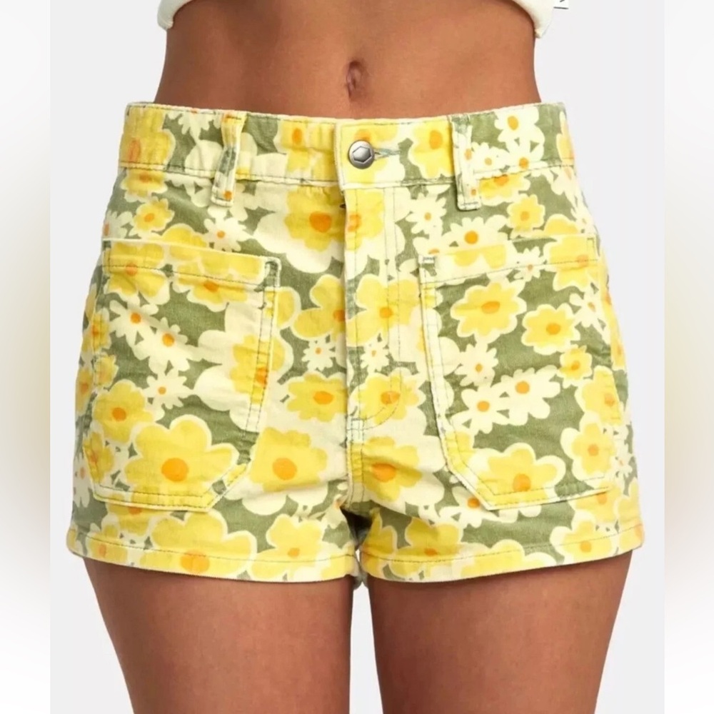 RVCA Yellow Floral High-Rise Jean Shorts with Sage Base